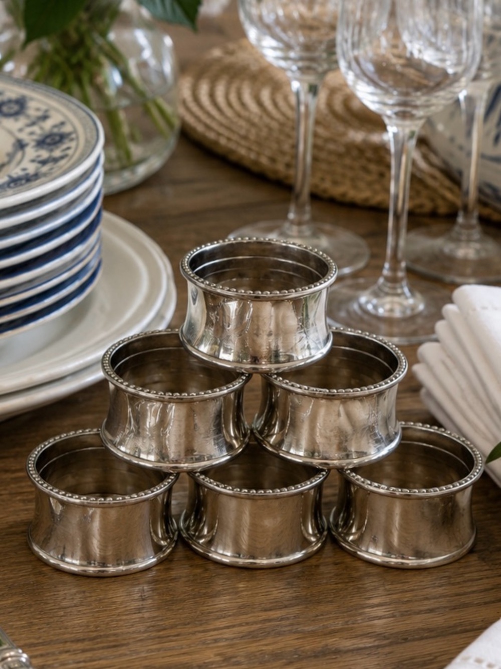 Vintage Silver Plate Beaded Napkin Rings Set of 6 | Versatile Entertaining